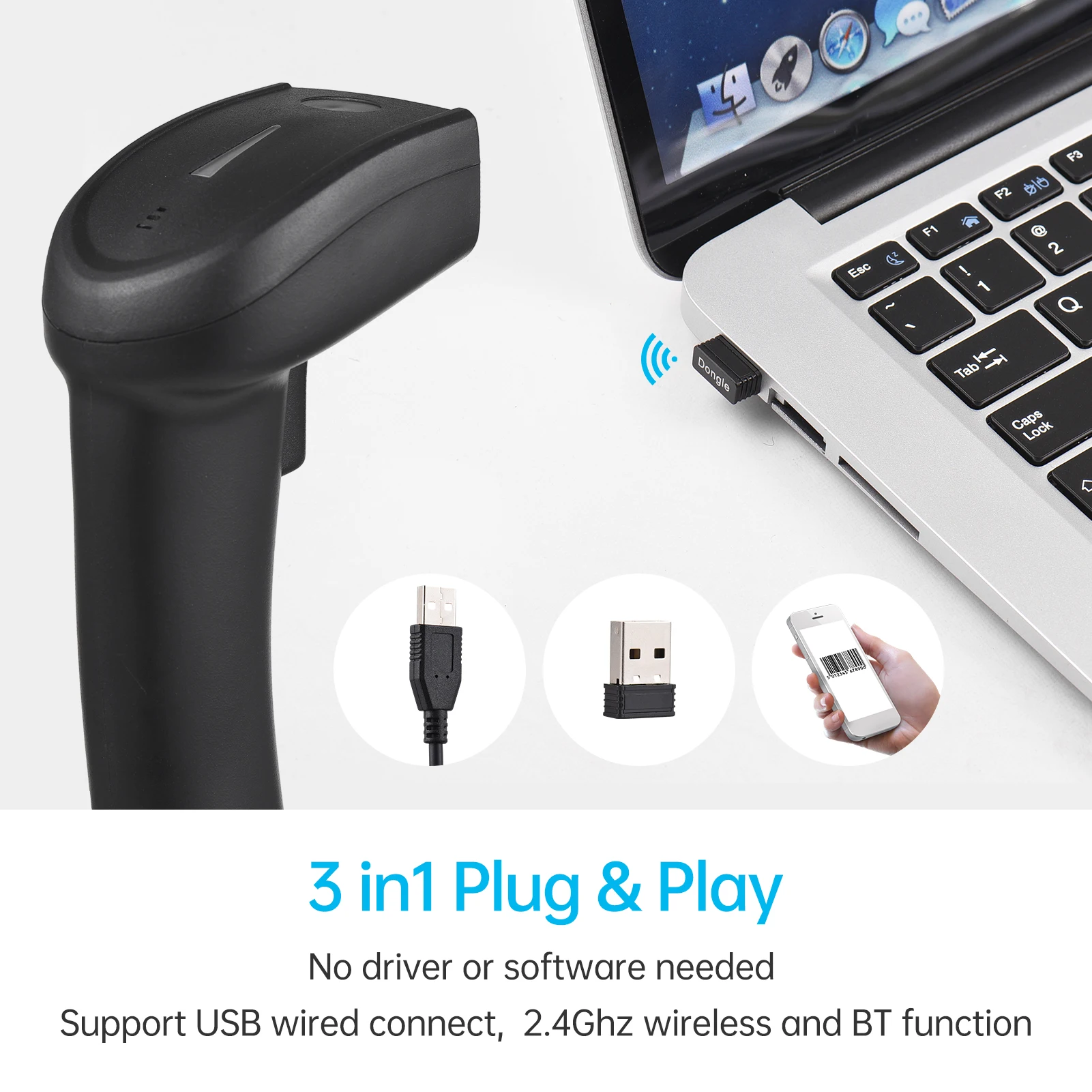 2D Wireless BT+2.4G Barcode Scanner Handheld USB Wired 1D Bar Code Reader Manual Trigger 640*480 CMOS Scanning for Screen Code