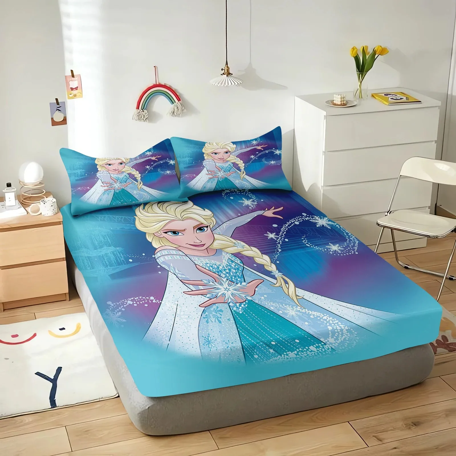 

Frozen fitted bed with pillowcase, cartoon cute princess print home bedding set, soft and skin-friendly for teen babies