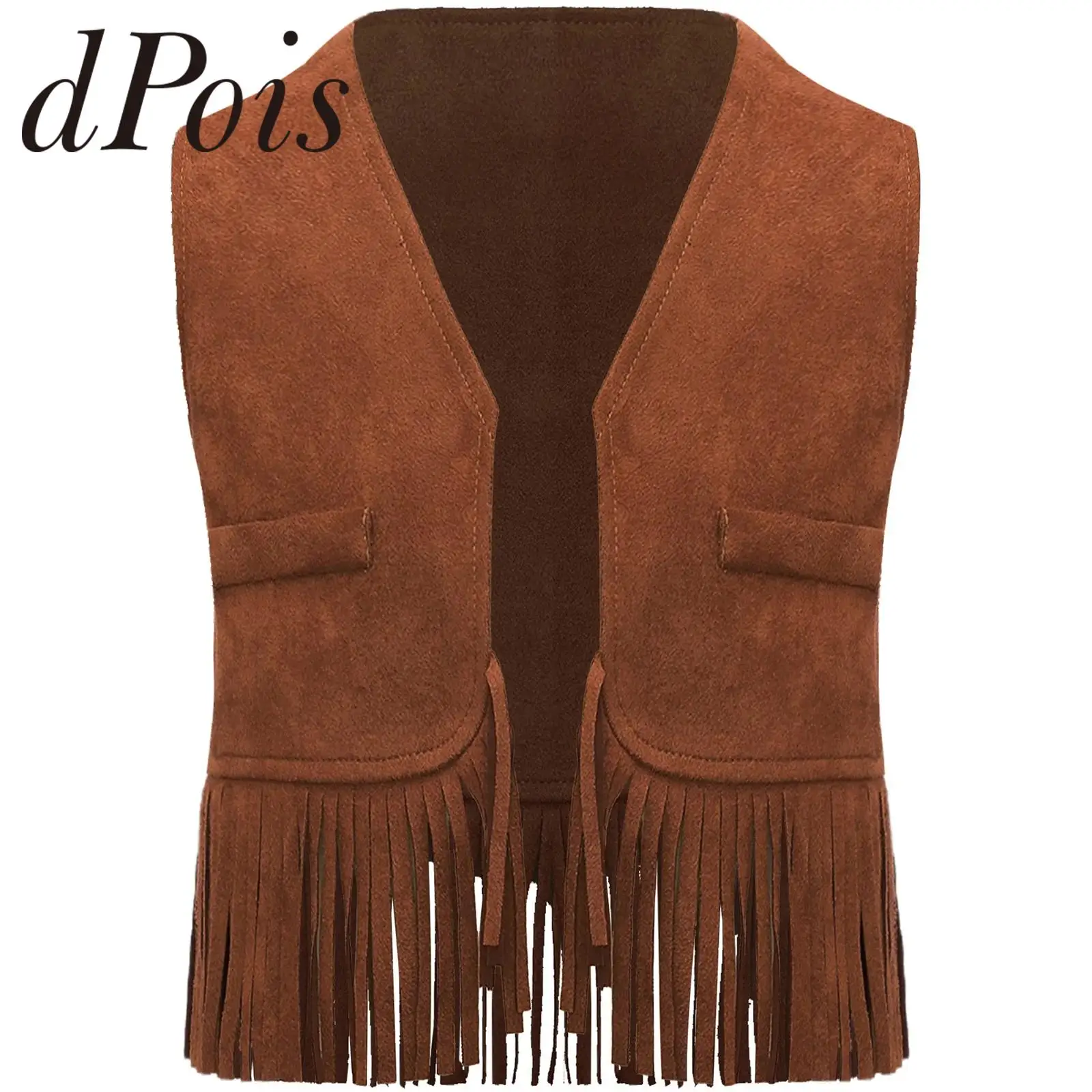 Girls Fringe Waistcoats Faux Suede Tassel Vest Cosplay Western Cowgirls Performance Tank Top Children Hippie Sleeveless Jacket