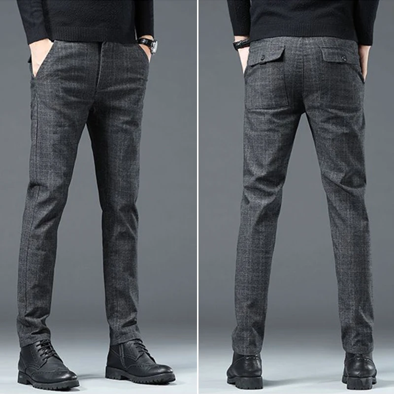

Men Fashion Loose Quick Drying Casual Suit Pants Male Breathable Straight Blazer Pants Business Checkered Black Trousers