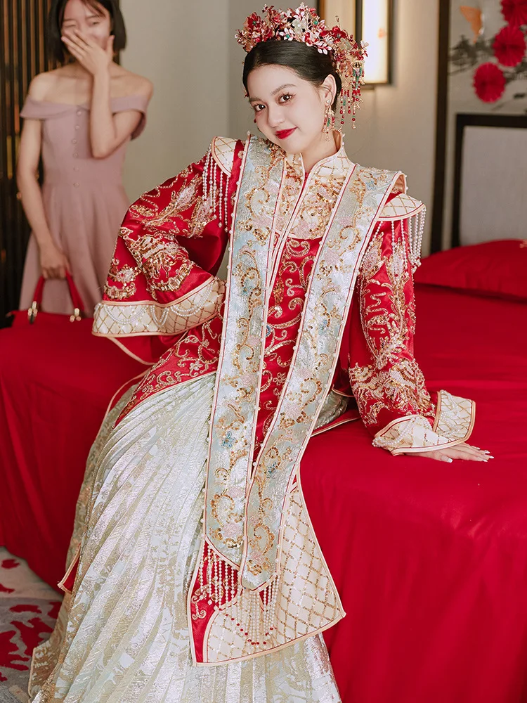 Chinese Style Traditional Ming Dynasty Wedding Dress Qipao Oriental Couple Sequins Beading Tassels Toast Clothing Vestido