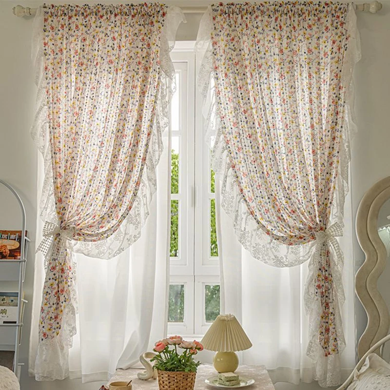 French Rural Small Flowers Door Curtains Cloth for Living Room Warp Ruffled Cotton and Linen Curtains for Kitchen #A467