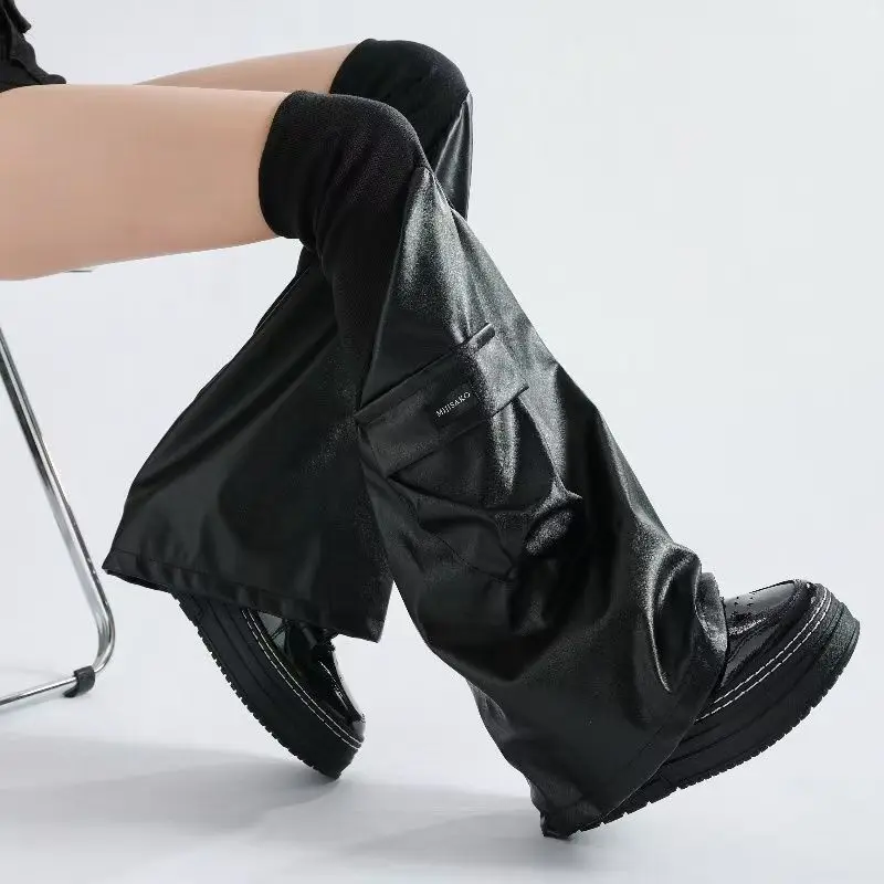 Techwear Y2K Goth Faux PU Leather Leg Warmers Women Cargo Pocket Ribbed Knit Patchwork Flare Over Knee Slouchy Industrial view 4