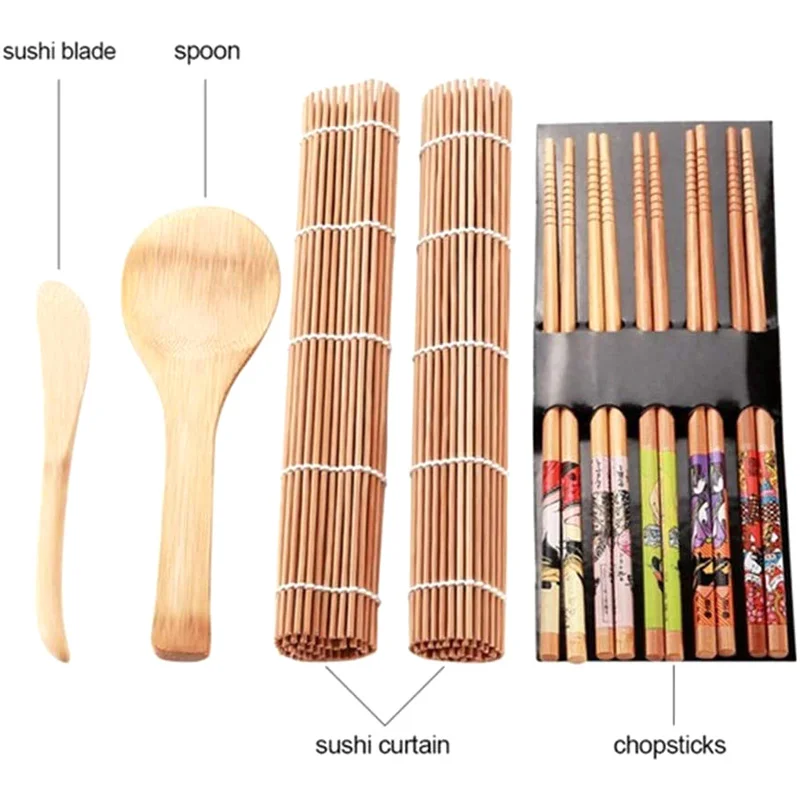 9Pcs DIY Kitchen Sushi Maker Set Bamboo Sushi Making Tools Kit For Sushi Rice Roller Mold Chopsticks Cooking Tools Set