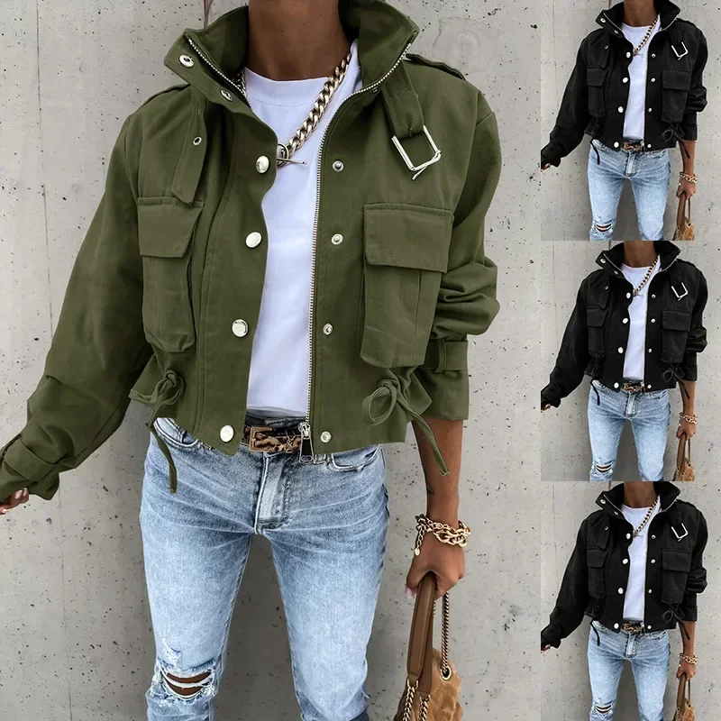 

streetwear Jacket Women Autumn Female Coat Top Solid Color Casual Single Breasted Lace Up Pockets Zipper Outerwear