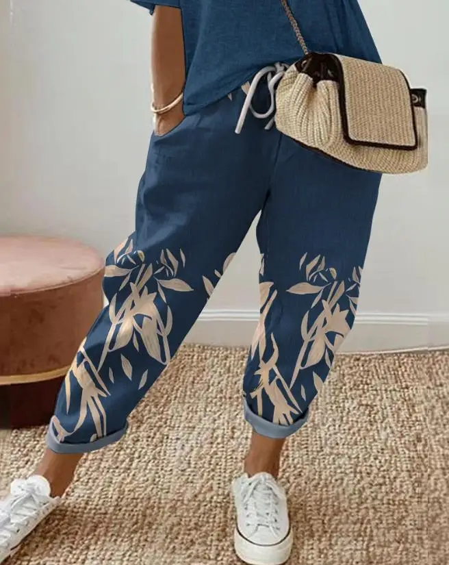 

Women Casual Trousers 2024 Spring Summer Latest Fashion Floral Print Drawstring Cuffed Pants Pocket Daily Versatile Long Pants