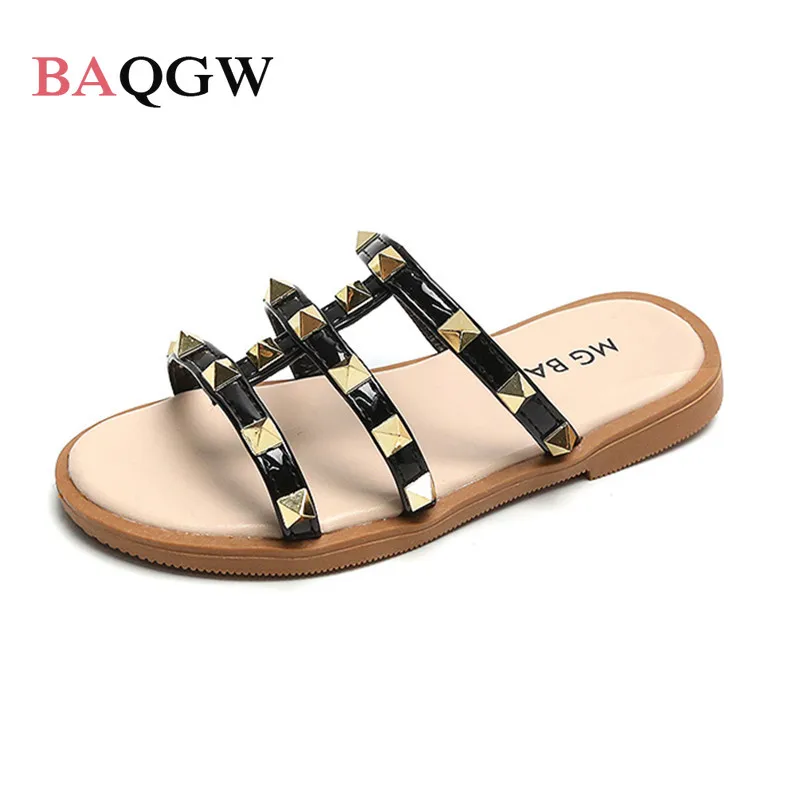 

Children's Outdoor New Roman Sandals Girls' Summer Fashion Flat Rivet Slippers Black Slippers for Babay Kids Shoes Size 26-36