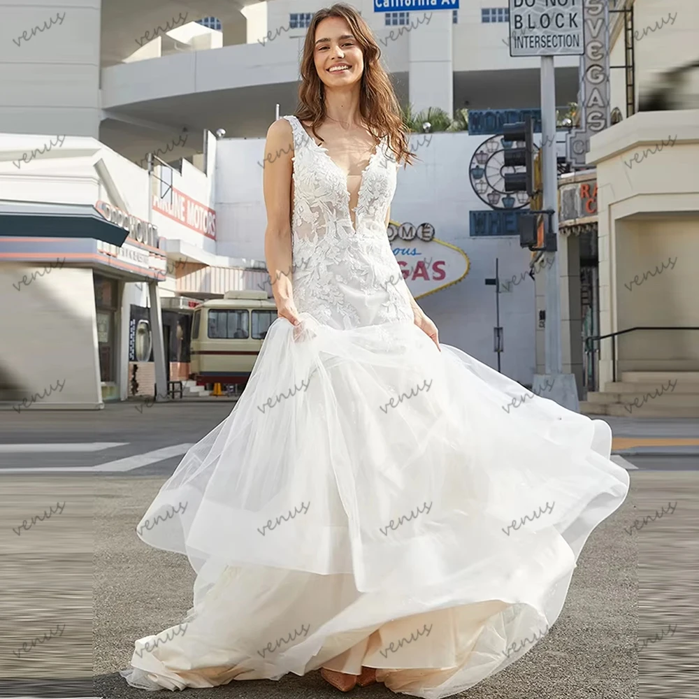 فساتين زفاف عصرية زي العرائس الرائع دانتيل زينة بدون أكمام بدون ظهر رداء جميل فيستدوس دي نوفيا مخصص 2026