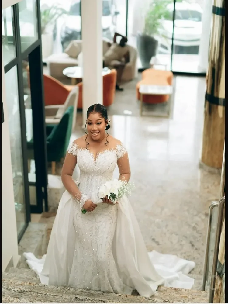 Flavinke personalizado árabe brilhante apliques contas ilusão vestidos de casamento para noivas mangas compridas vestidos de noiva trem destacável