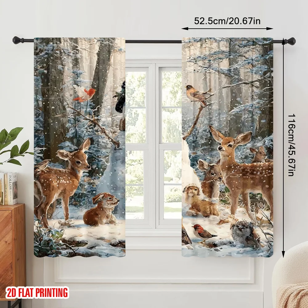 2pcs,2D plane printing Contemporary Curtains Snowman & Wildlife Winter Versatile Fabric (without rod) Art Deco Festive Perfect