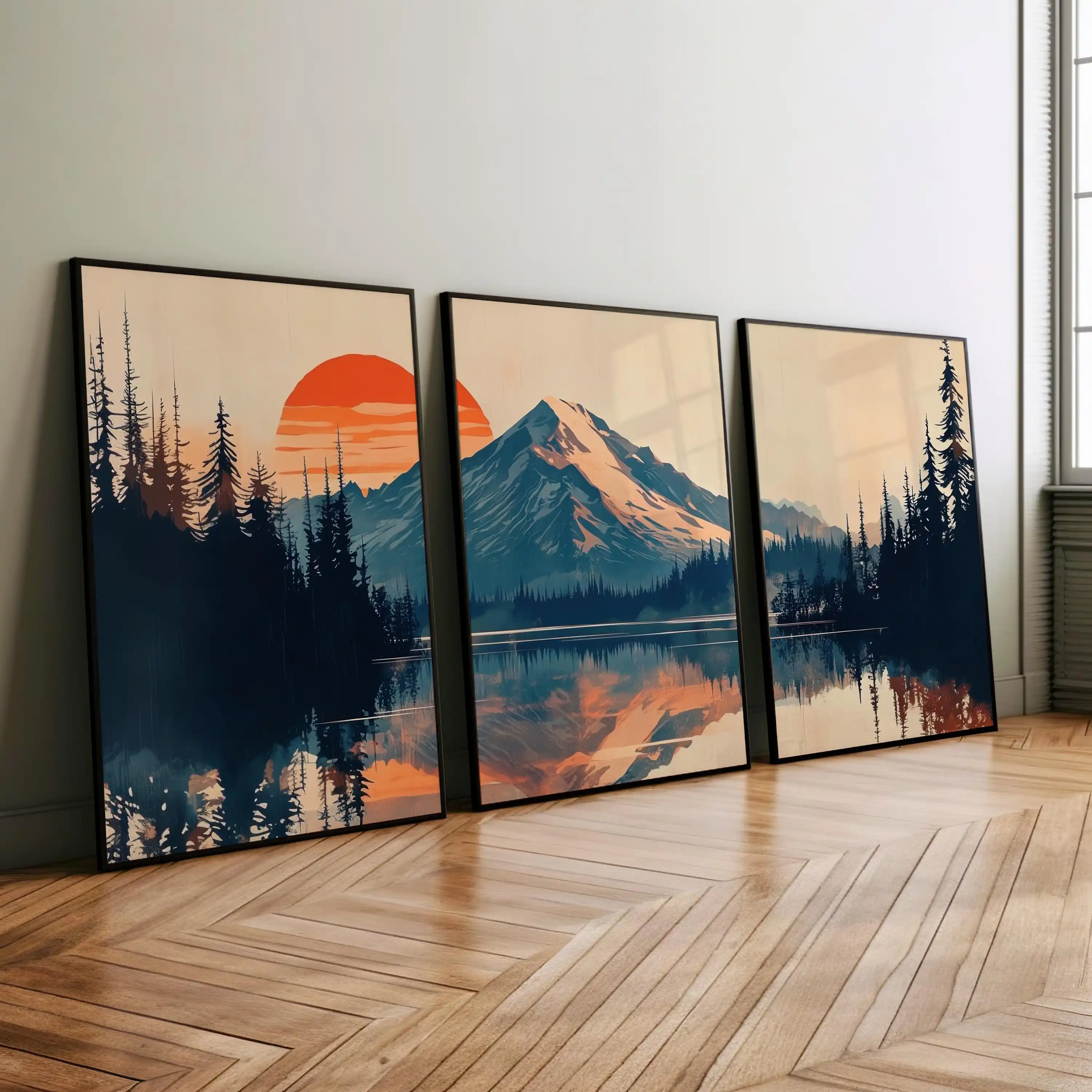 Mount Rainier Sunset Wall Art Set of 3 Poster Canvas Print Forest Silhouette Panoramic Landscape Art Mid-Century Modern Nature