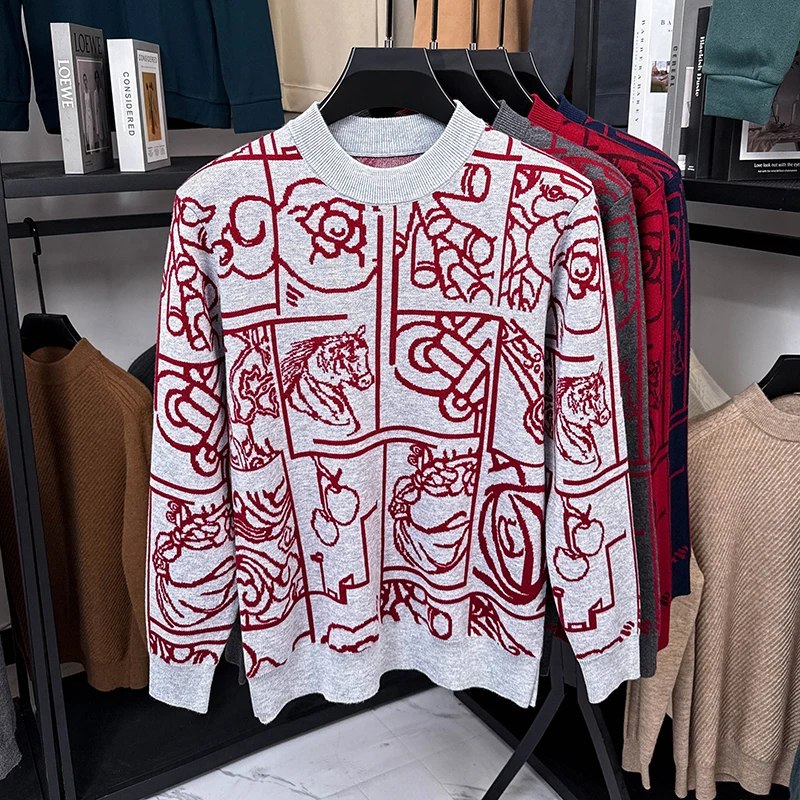 Light luxury brand men'sknitted warm sweater autumn winter fashion personalized graffiti design youth casual round neck pullover