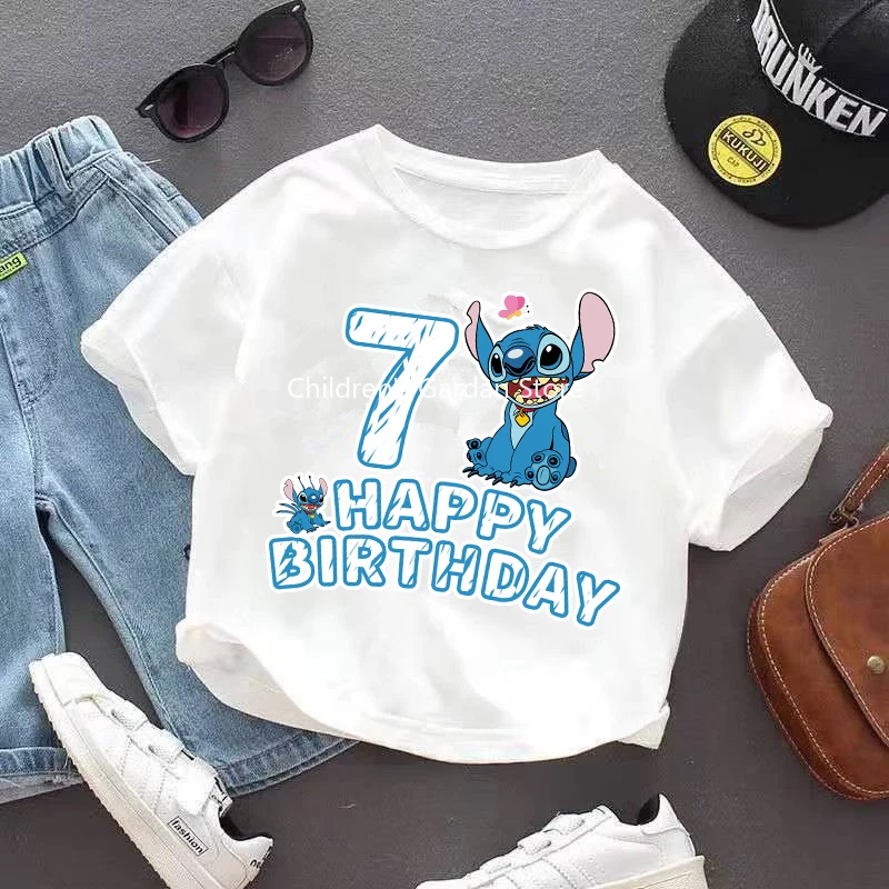 Stitch Disney Kids T Shirt Happy Birthday Clothes Tops Children\'s Clothing Boys Girls Summer Cute Short Sleeve Tee Birthday Gift