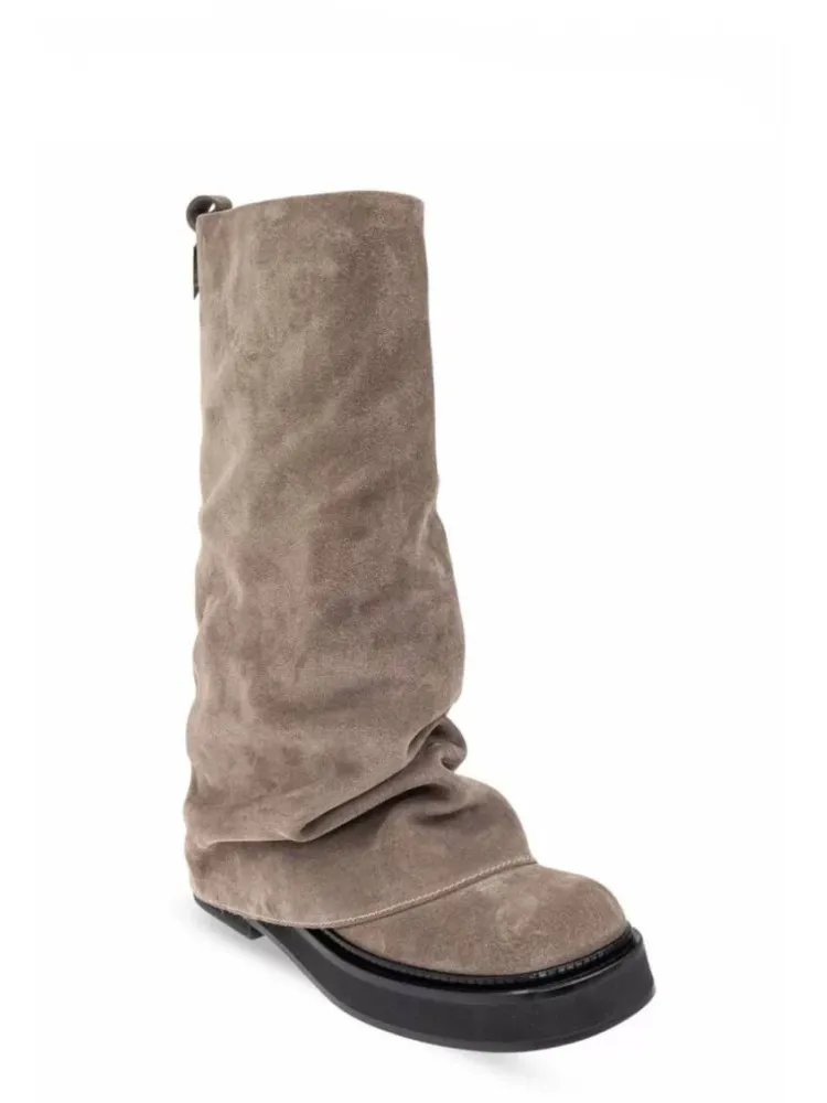 Women's New Autumn and Winter Calf Boots with Pleated Thick High Heels and Fashionable Oversized Street Leather Mid Leg Boots image 5