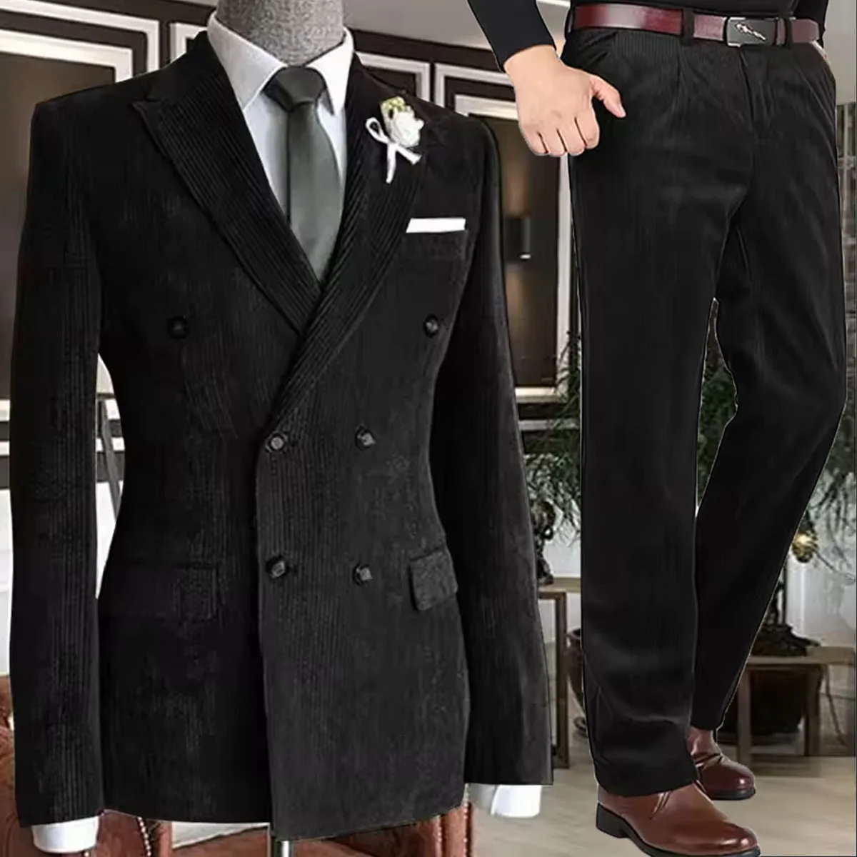 Men's Corduroy Blazer Pants Double Breasted Suit 2 Piece Elegant Slim Fit Notch Lapel Formal Wedding Business Formal Tuxedo