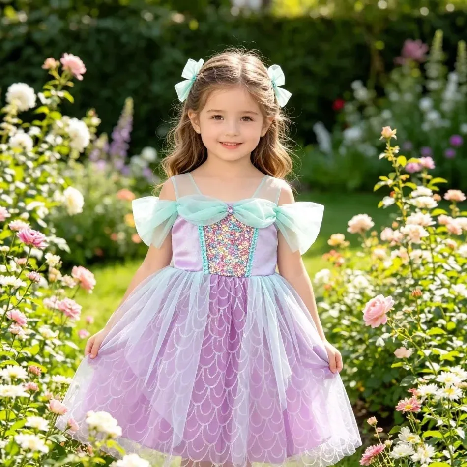 Girls Sparkly Purple Mermaid Scale Tulle Dress Colorful Sequined Tutu Gown Kids Wedding Birthday Party Outfit Casual Dress ZD36