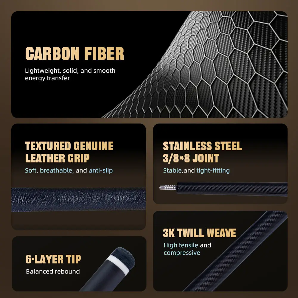 Carbon Fiber Pool Cue 3K Twill Low Deflection Genuine Leather Grip 12.5mm 147cm 3/8-8 Joint Playing Cue CRICAL