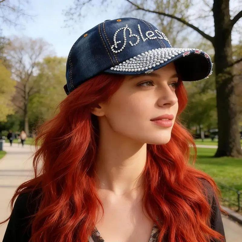 Washed Denim Blue Rhinestone Blessed Baseball Cap for Women, Adjustable Bling Sparkling Dad Hat