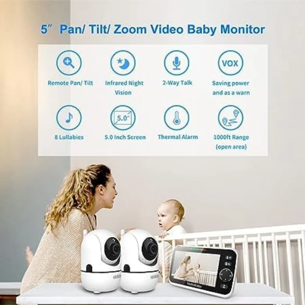 Upgrade 5’’ Baby Monitor with 26-Hour Battery, 2 Cameras Pan-Tilt-Zoom, 1000ft Range Video Audio Baby Monitor No WiFi, VOX