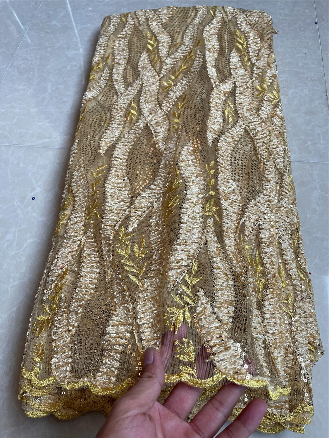 

African Embroidery Lace Fabric, Gold Nigeria Lace, Sequin, Bridal Fabric, Wedding Party, YZX02, 5 Yards