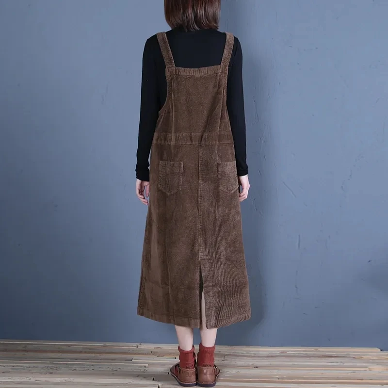 2025 primavera nova cor sólida veludo artístico vestido retro para mulheres solto conforto vestido de alça longa feminino com bolsos preto marrom