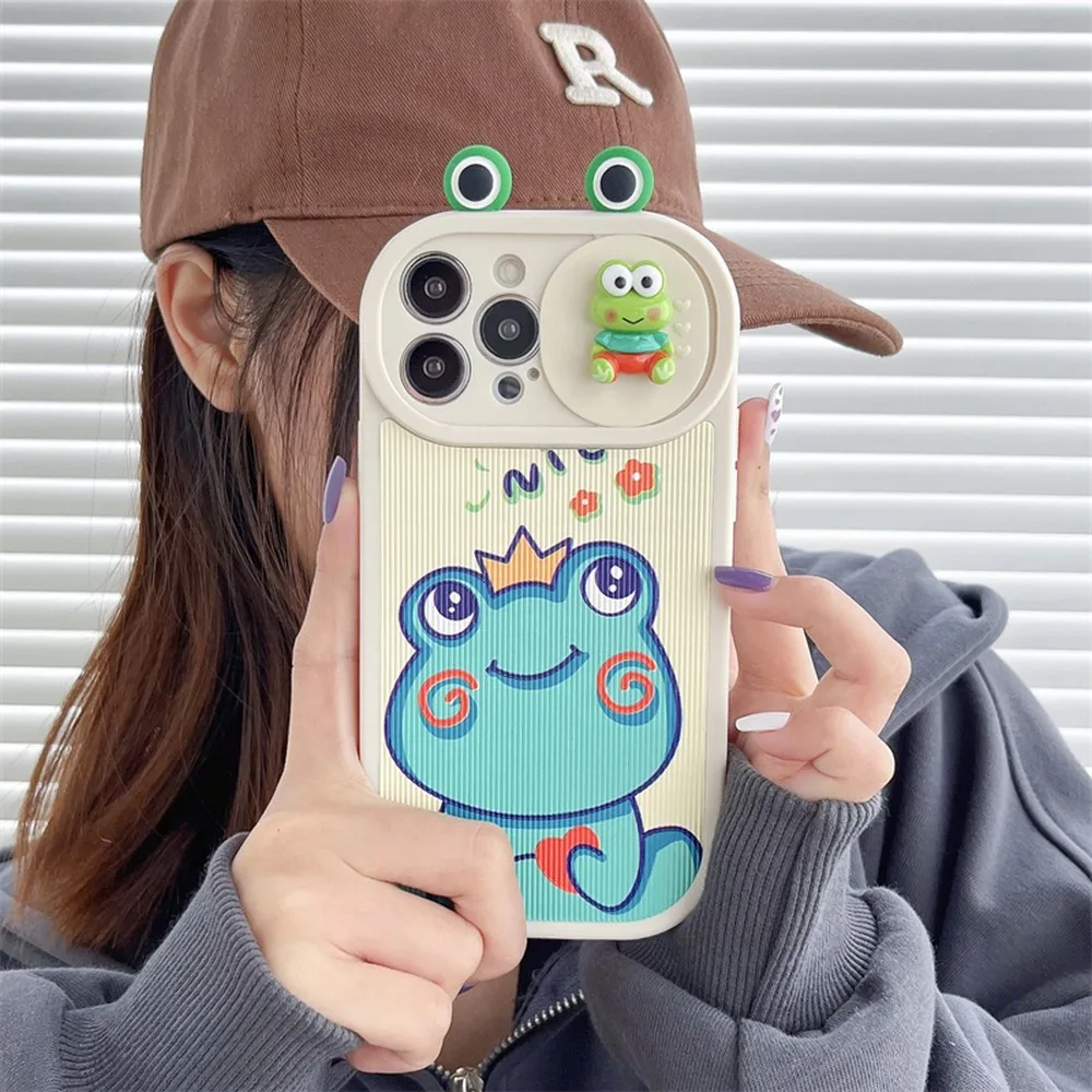 Cartoon Frog and Duck Vertical Pattern Veneer Sliding Window For iphone 15 15Promax 15Pro 11 12 13 14 14Pro 14Promax Soft Shell