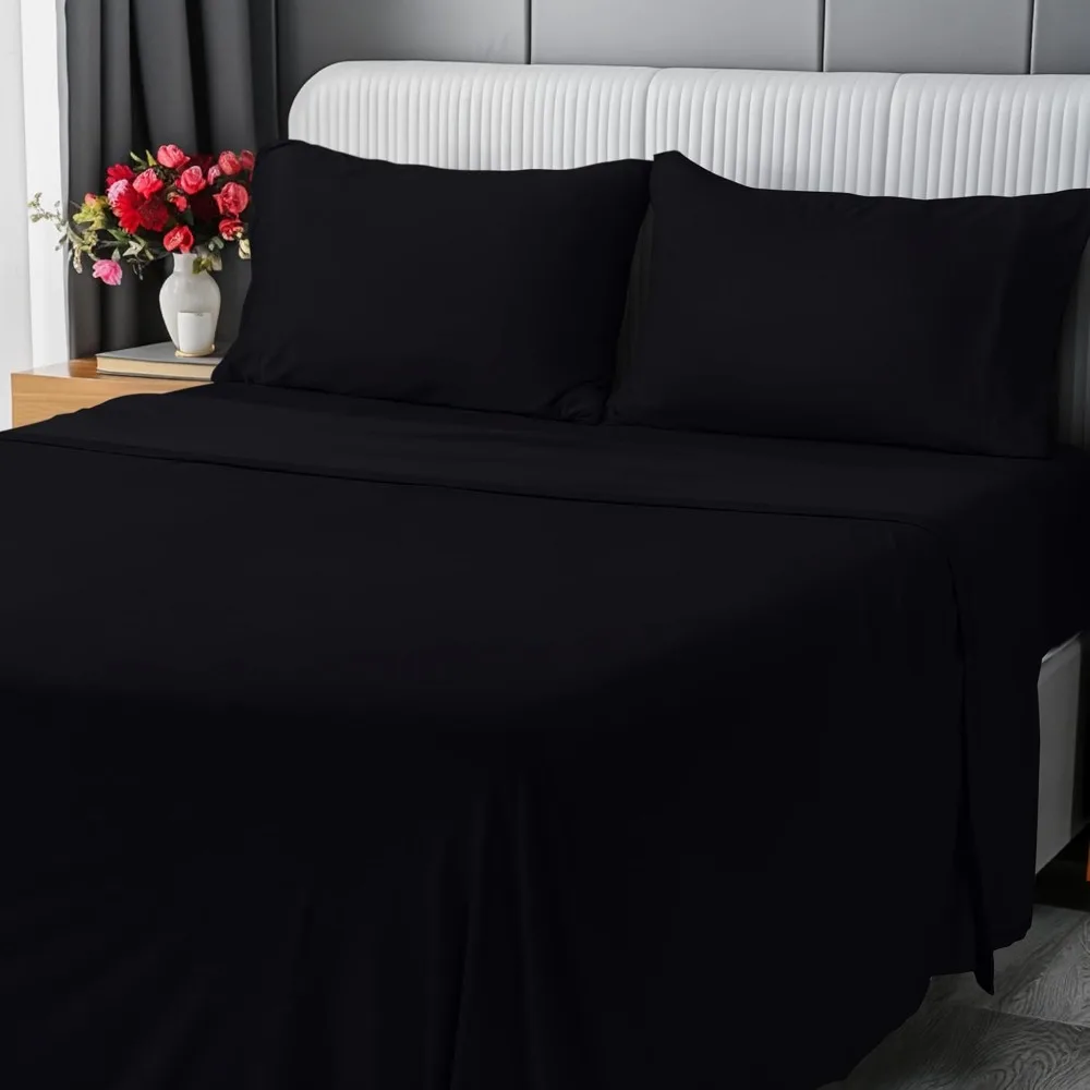 

Cotton Jersey Knit 4-Piece Queen Bed Sheet Set - Soft, Stretchy T-Shirt Style (Black)