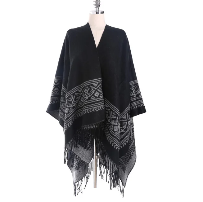 Geometric Pattern Double-sided Tassels European American Fashion Lengthened Imitation Cashmere Office Travel Fork Shawl Black