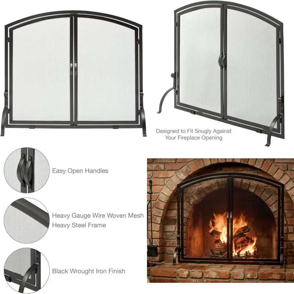 

Large Black Wrought Iron Fireplace Screen with Doors - S1064, Enhanced Safety and Style for Your Hearth