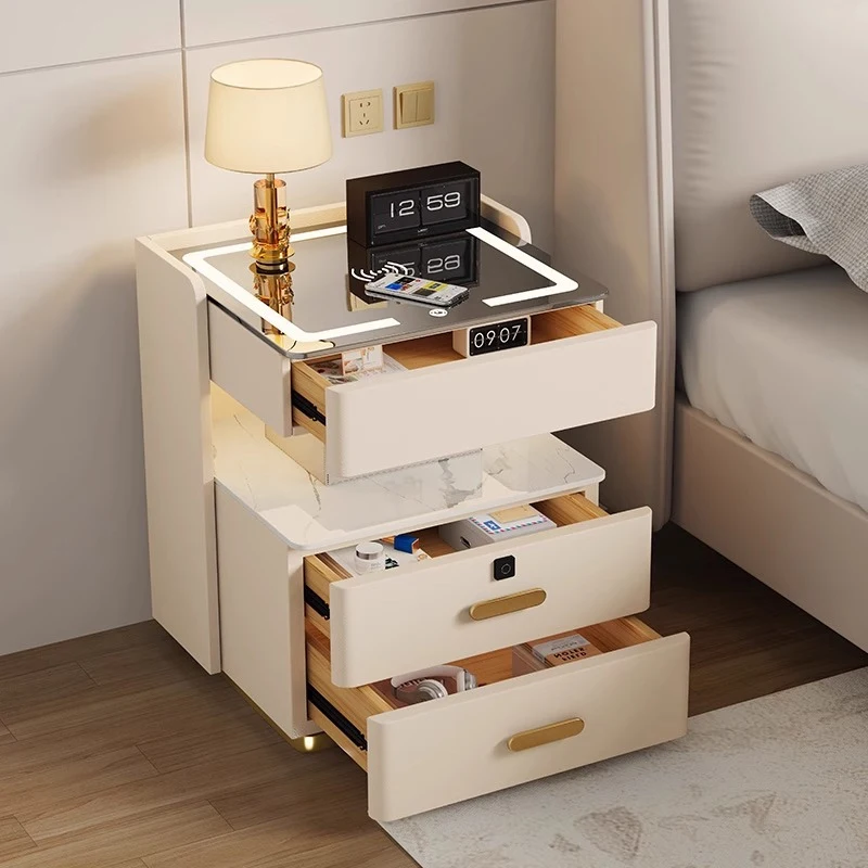 طاولة سرير ذكية مع قفل بصمة الإصبع ومحطة شحن لاسلكية وأضواء LED ومنفذ USB وخزانة تخزين ذات 3 أدراج