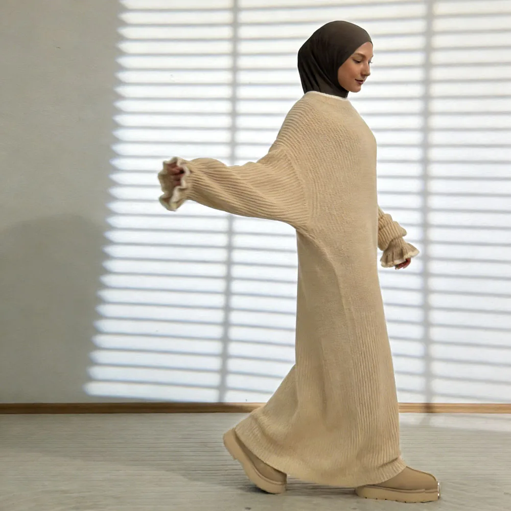 

Eid Ramadan Autumn Winter Modest Muslim Women Knitted Sweater Dress Dubai Turkey Kaftan Abaya Warm Long Robe Caftan Middle East