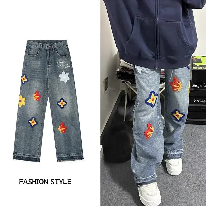 

Street Creative Letter Vintage Petal Embroidered Jeans Woman’s Spring and Autumn Loose Straight Leg Wide Leg Washed Denim Pants