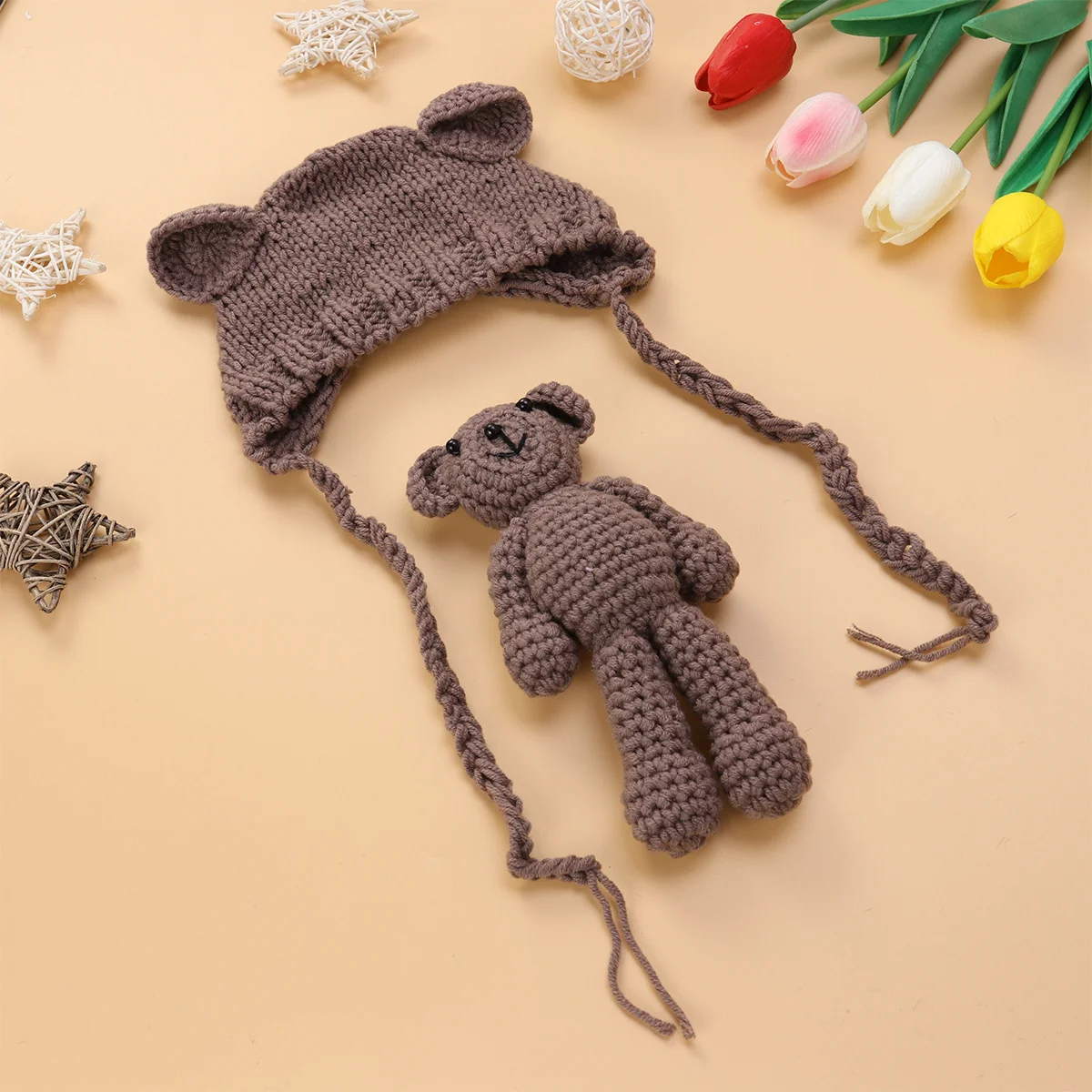 الوليد صور قبعة محبوك الدعامة ل 0-6 أشهر الأطفال جلسة التصوير مع الدب ملحق لطيف الأذن تصميم الطفل صور الدعائم #6