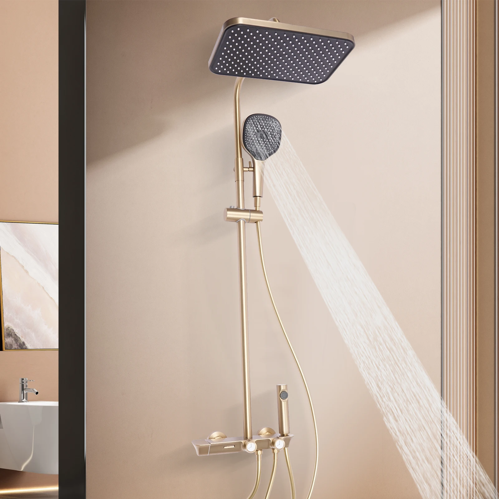 Thermostatisches Duschset, mit Kopfbrause und Handbrause, wandmontiertes, verstellbares Duschset für Hotels und Privathaushalte, G1/2-Anschluss – Detail 3