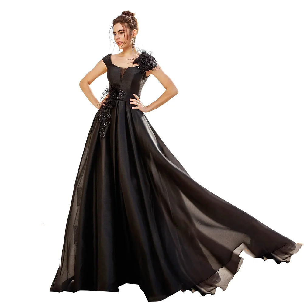 

Elegant Black Chiffon Pleat Plus Size A-line Floor Length Prom Gowns Customized Scoop Neck Flower Evening Dress Party Dress