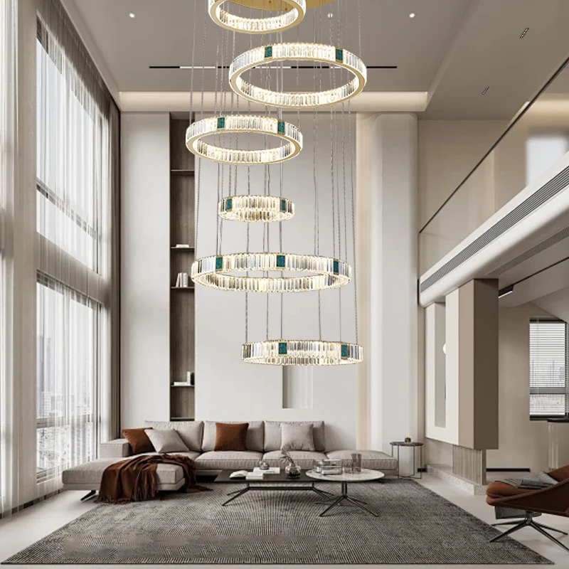 Large Multiple Rings Crystal Pendant Light Villa Duplex High Ceiling Light Fixture, Dimmable Luxury Round Pendant Lamp Foyer