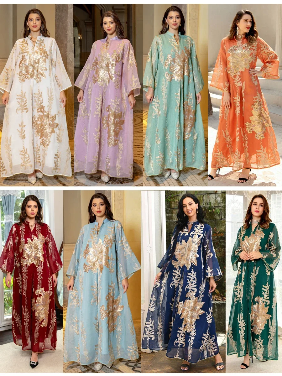 Dress For Women Moroccan Kaftan Turkey Arabic Jalabiya White Islamic Ethnic Robe 2023 Eid New Sequins Embroidered Abaya
