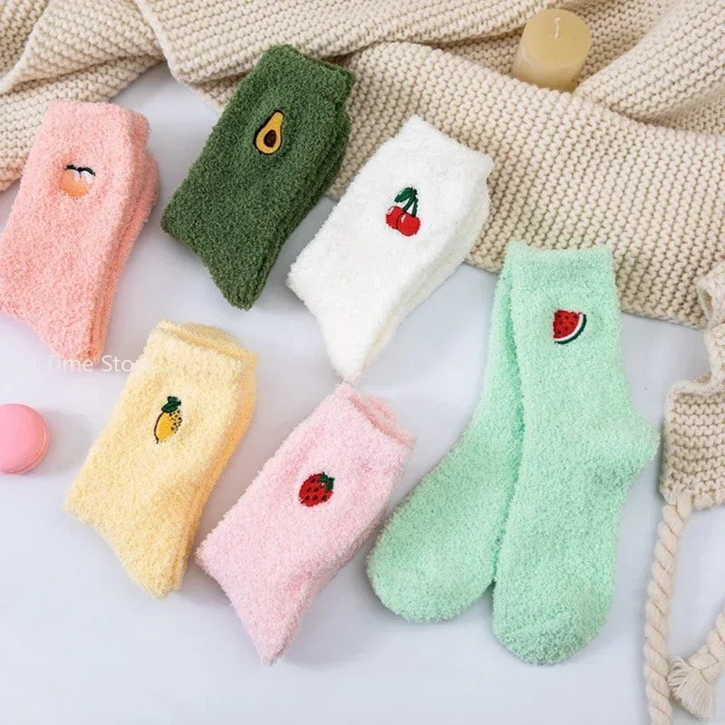 

Fashion Warm Kawaii Women Fruit Socks Fluffy Warm plush Socks Female Avocado Watermelon Cherry Strawberry Floor Sleeping Socks