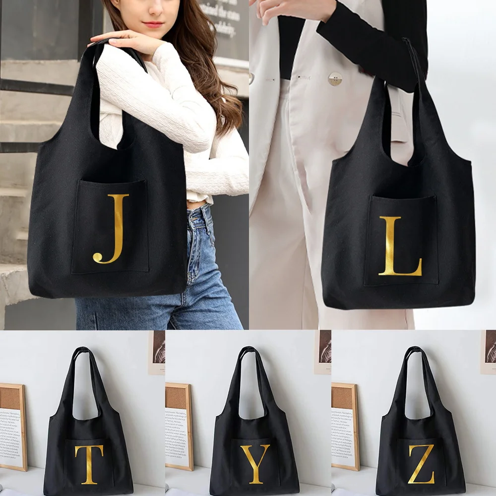 

Ladies Shopping Tote Bag Reusable Shopper Organizer Casual Canvas Large Capacity Foldable Initials Printed Shoulder Bag Handbag