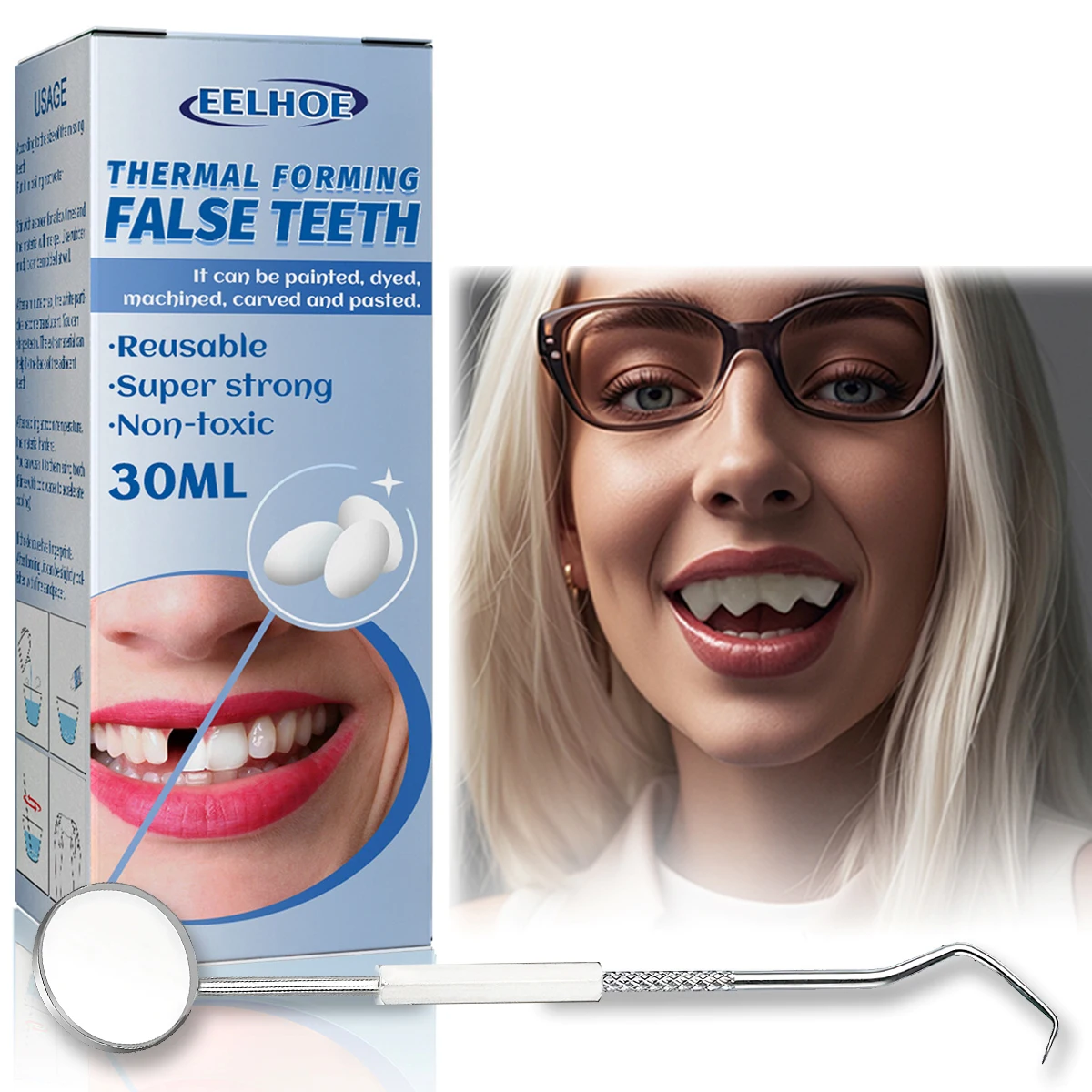 

Male vampire teeth DIY hard tooth decoration, made by hot bead technology. Very suitable for parties, role-playing, Halloween.