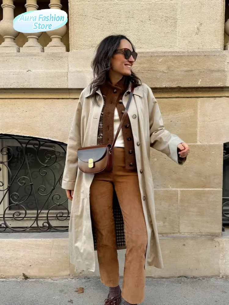 

Женский длинный плащ цвета хаки с лацканами, элегантное однобортное свободное пальто с длинными рукавами, осень 202, женская офисная верхняя одежда для поездок на работу