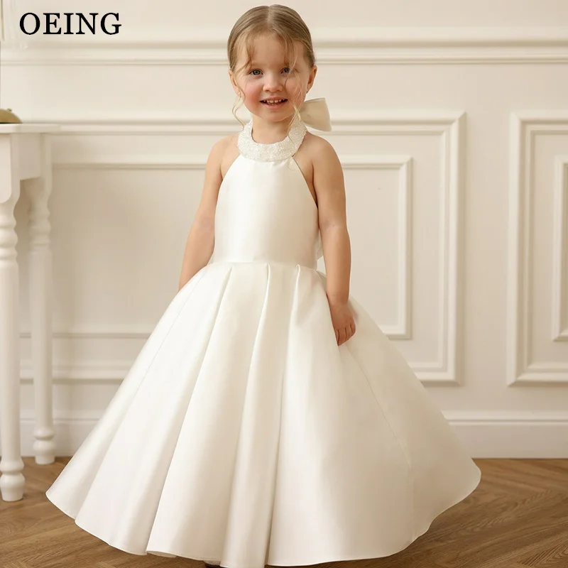 

OEING Simple A-Line Flower Girl Dresses Princess Beige Maxi Halter Wedding Party Dress Draped Girl Birthday Dress Customized