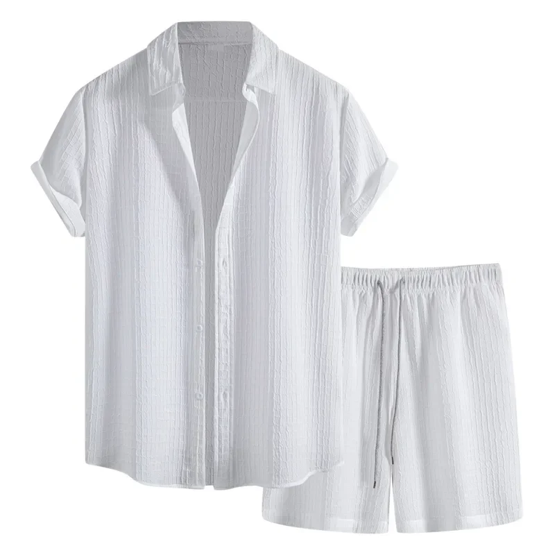 Traje de camisa informal tipo gofre para hombre, camisa de manga corta sólida de dos piezas y pantalones cortos, conjunto de camiseta y pantalones cortos informales Harajuku