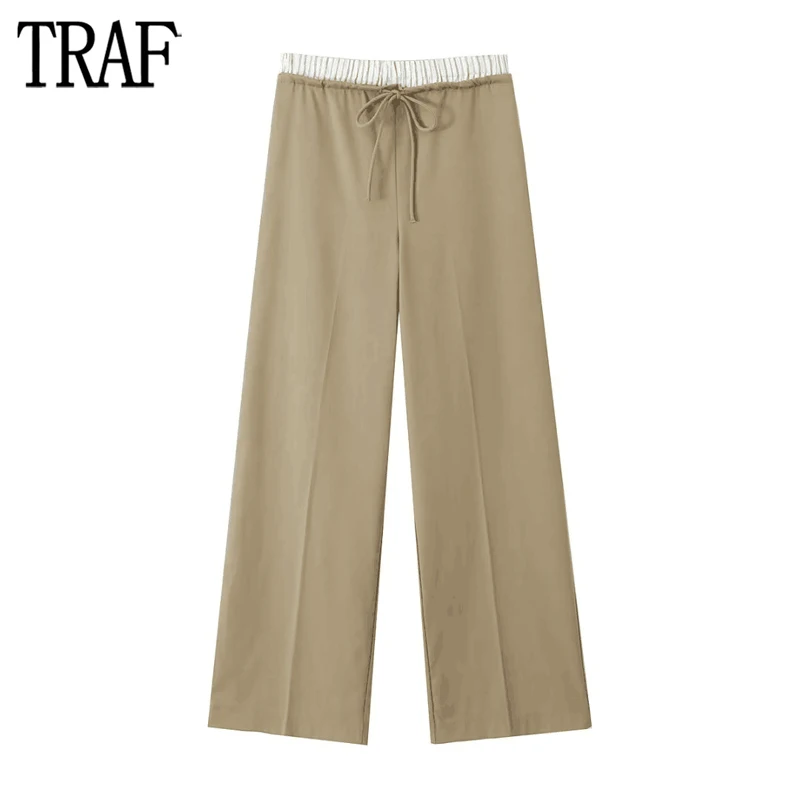 

TRAF Contrast Boxer Trousers Womens Striped Mid Rise Pants for Women Straight Baggy Pants Woman Streetwear Pleated Women's Pants