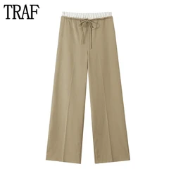 TRAF Contrast Boxer Trousers Womens Striped Mid Rise Pants for Women Straight Baggy Pants Woman Streetwear Pleated Women's Pants