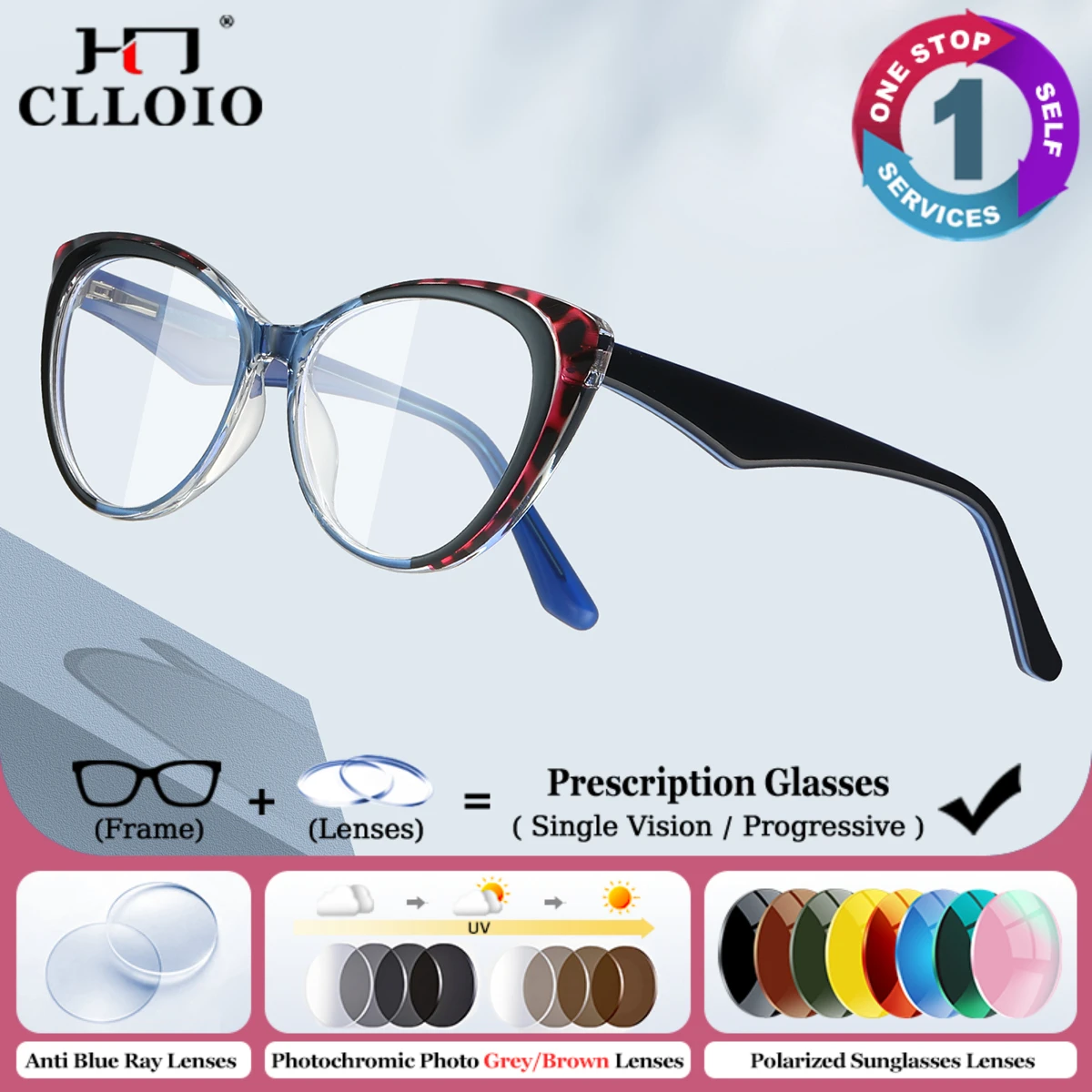 

CLLOIO Women Cat Eye Progressive Prescription Glasses Fashion Anti Blue Light Optica Myopia Eyeware Photochromic Outdoor Glasses