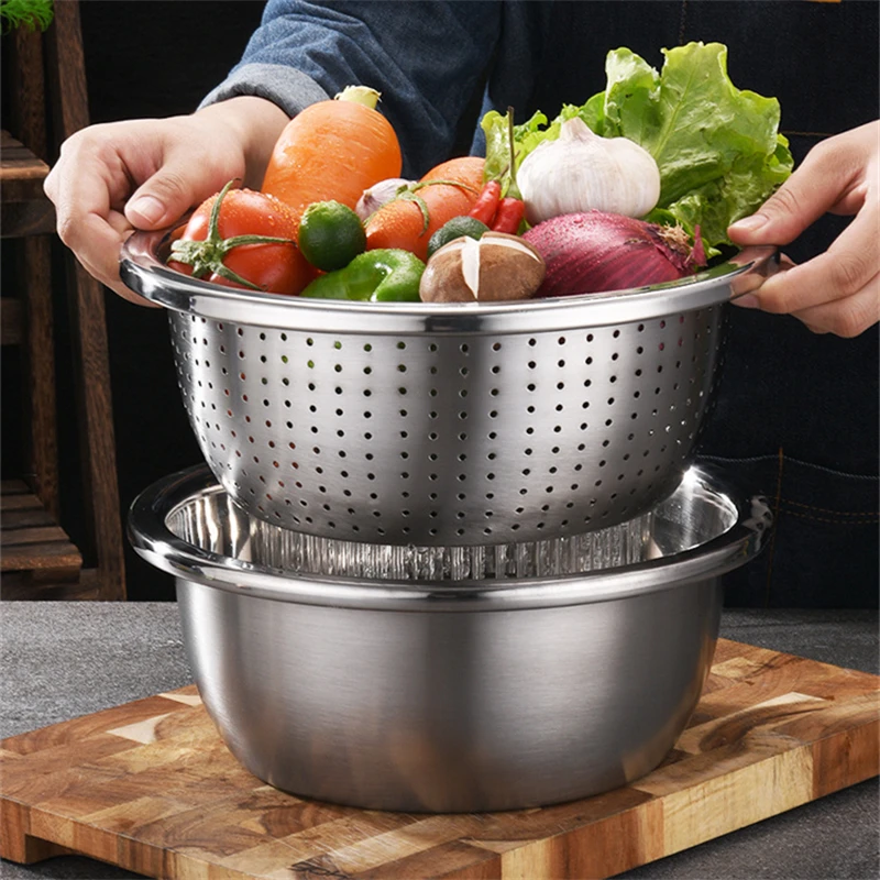 Multifunctional Stainless Steel Drain Basin Rice Sieve Vegetables Fruits Cleaning Basket Mesh Strainer Filter Kitchen Utensils