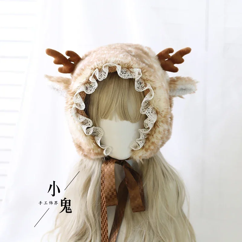 

Mori Girl Cute Plush Lace Trim Lace-up Ear Protection Hat Christmas Winter Sweet Antler Deer Printing Elk And Fawn Earmuffs Cap