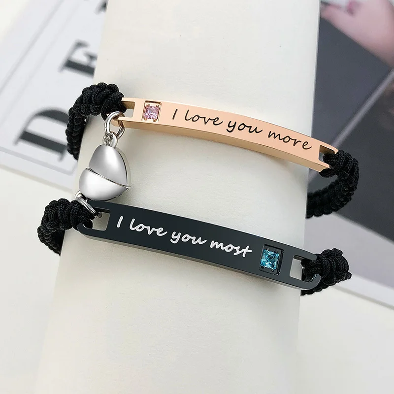 Matching Heart Promise Couples Personalized Bracelets, Custom Engraved Name ID Tag Bracelet, Valentines Day Gift view 5