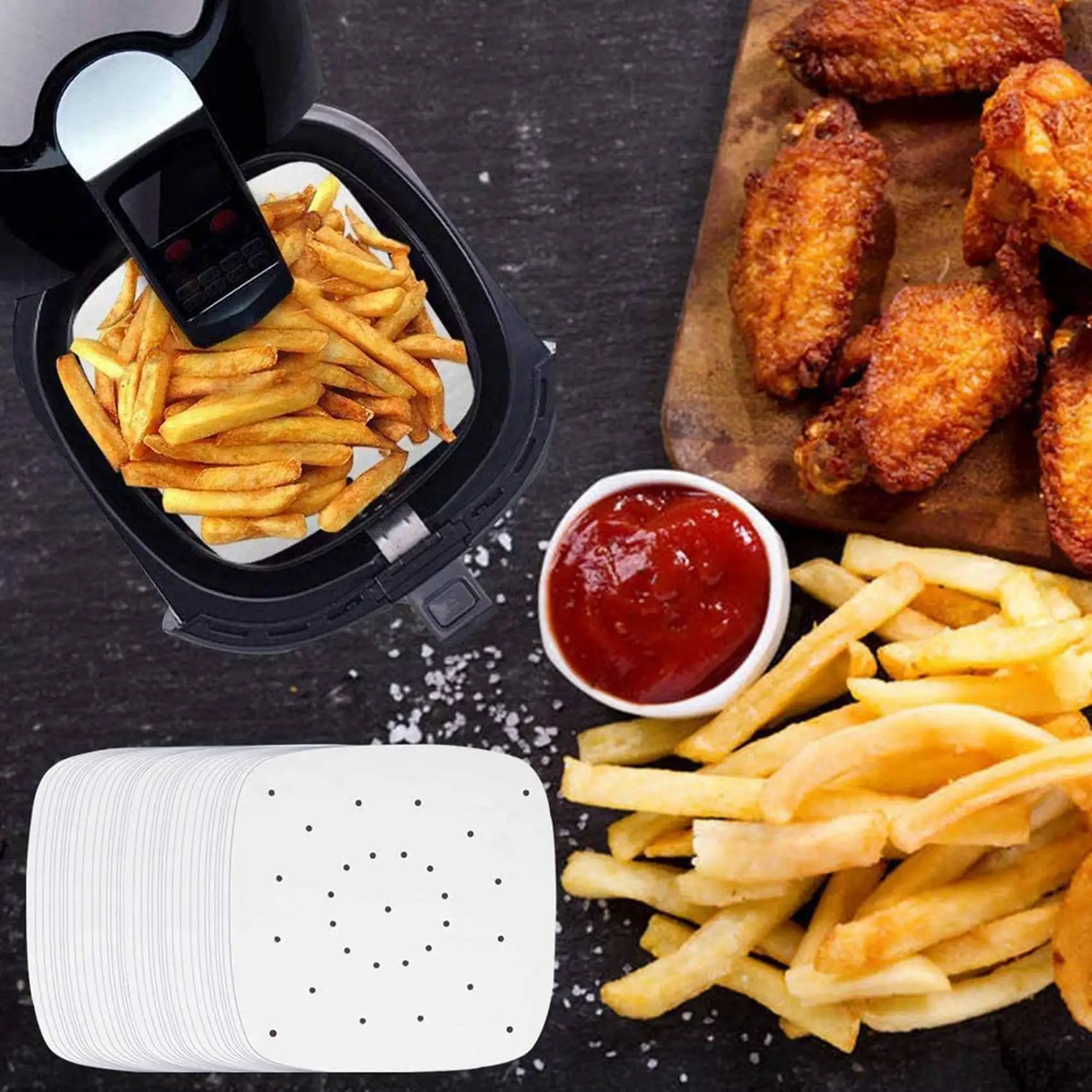 A69e400pcs Air Fryer Parchment Paper Perforated Unbleached Square Air Fryer Liners Steaming Parchment Liner